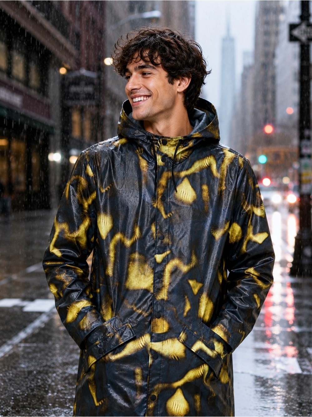 Rains Rain Jacket Mens Medium Blue Gold Abstract Print Hooded‎ Waterproof Coat